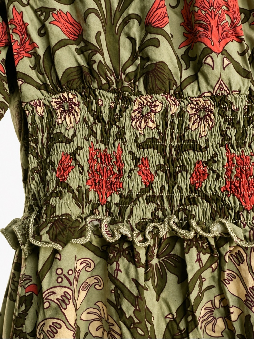 Boho Botanical Floral Smocked Waist Midi Dress Cottagecore Prairie Olive XS - Picture 6 of 7